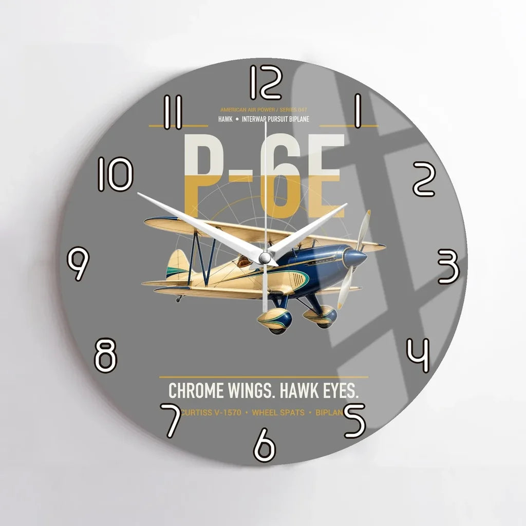 Curtiss P-6E Hawk design on gray no frame wall clock
