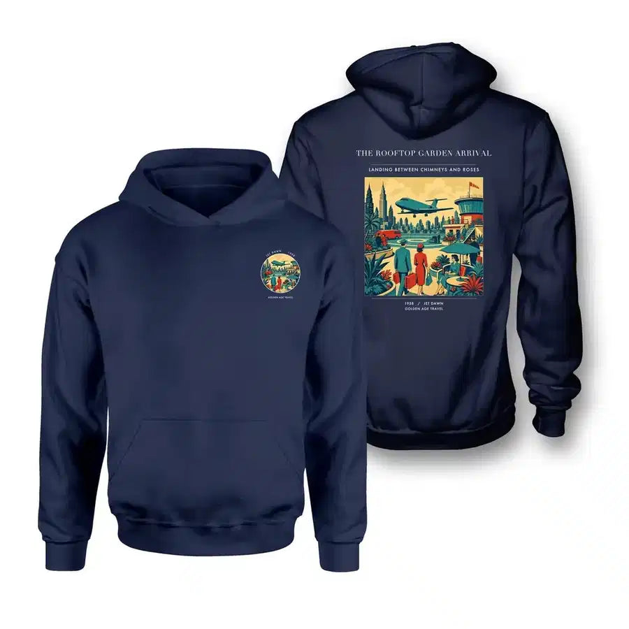 VINTAGE G4371 - The Rooftop Garden Arrival - Double-Side Hoodie design on navyblue double side