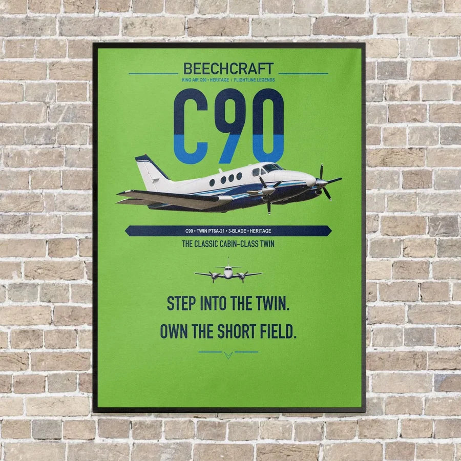 Beechcraft King Air C90 vertical canvas print - framed - light green background