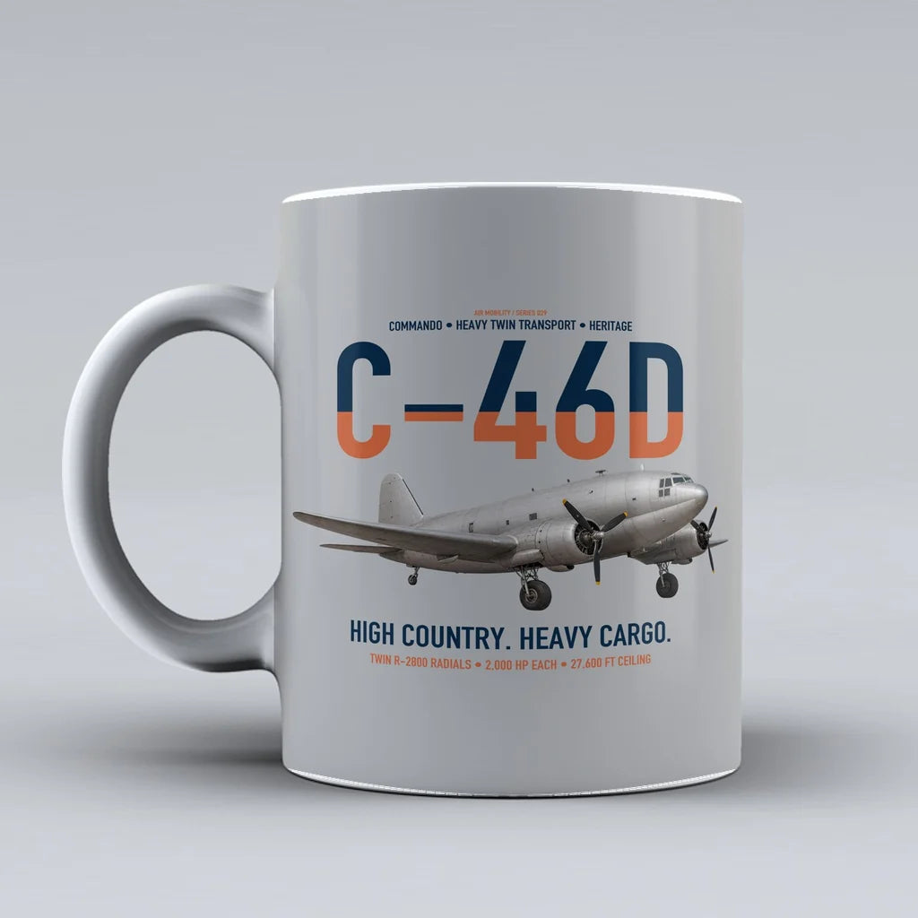 C-46D Commando design on light gray ceramic mug, double-side print