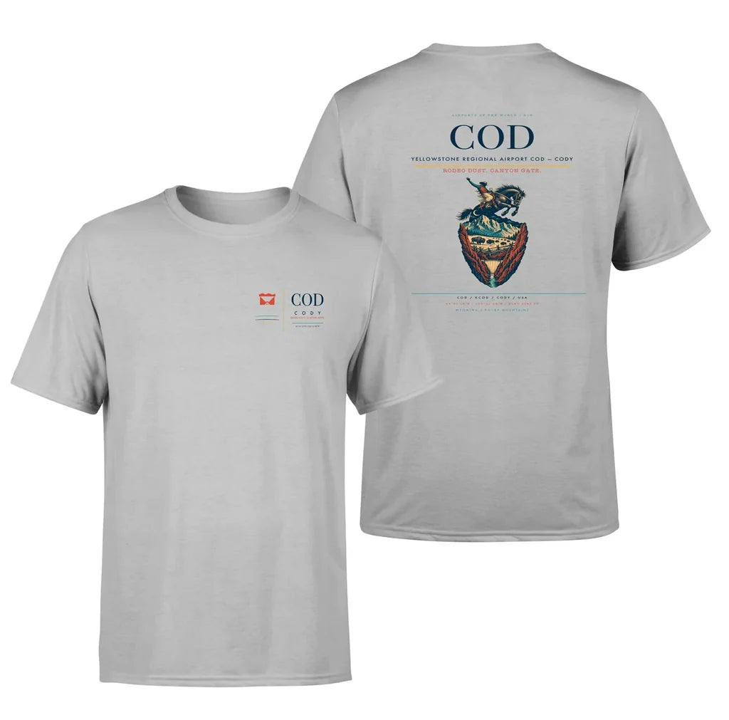 Yellowstone Regional Airport (COD) design printed on light gray double-side t-shirt
