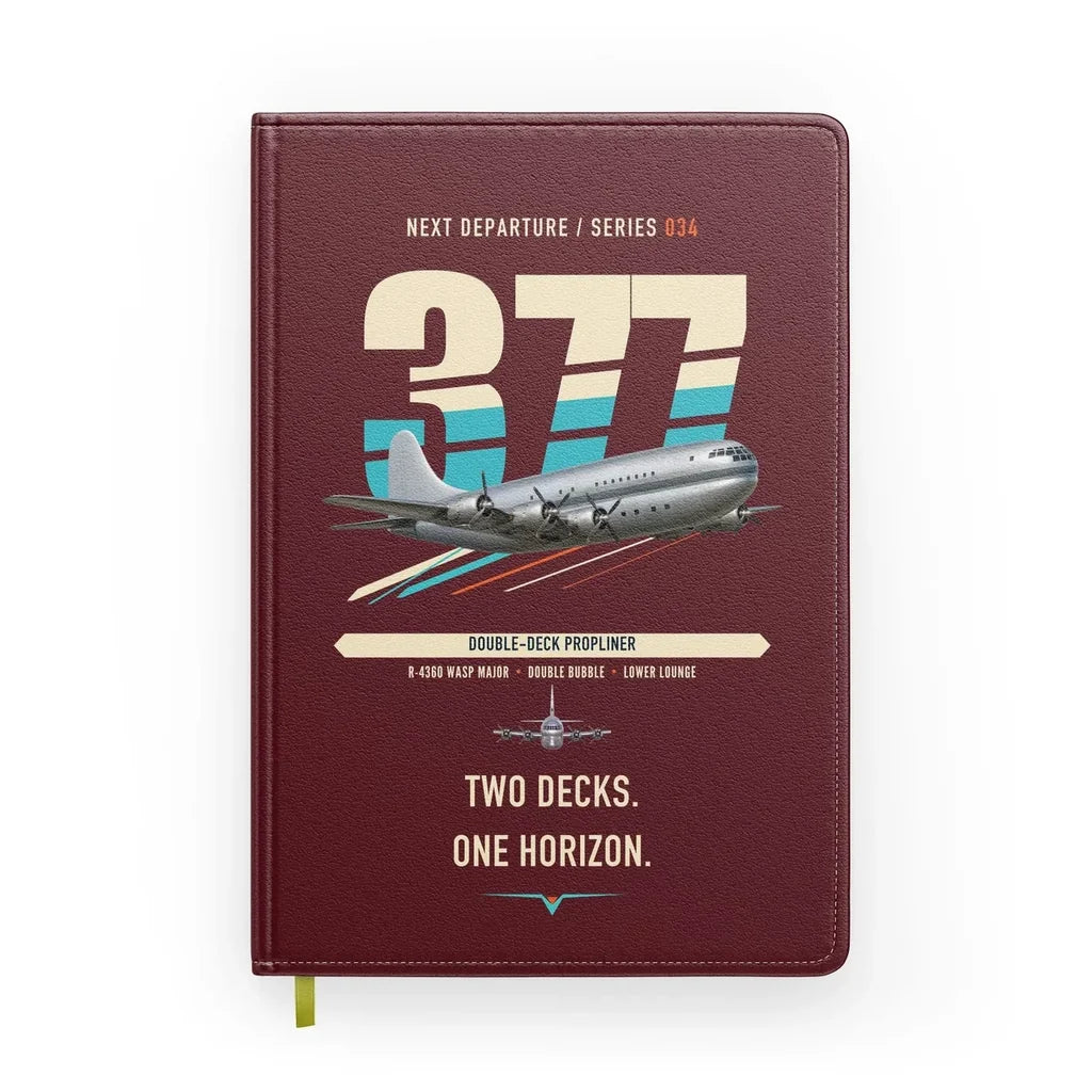 Boeing 377 Stratocruiser design on dark red notebook