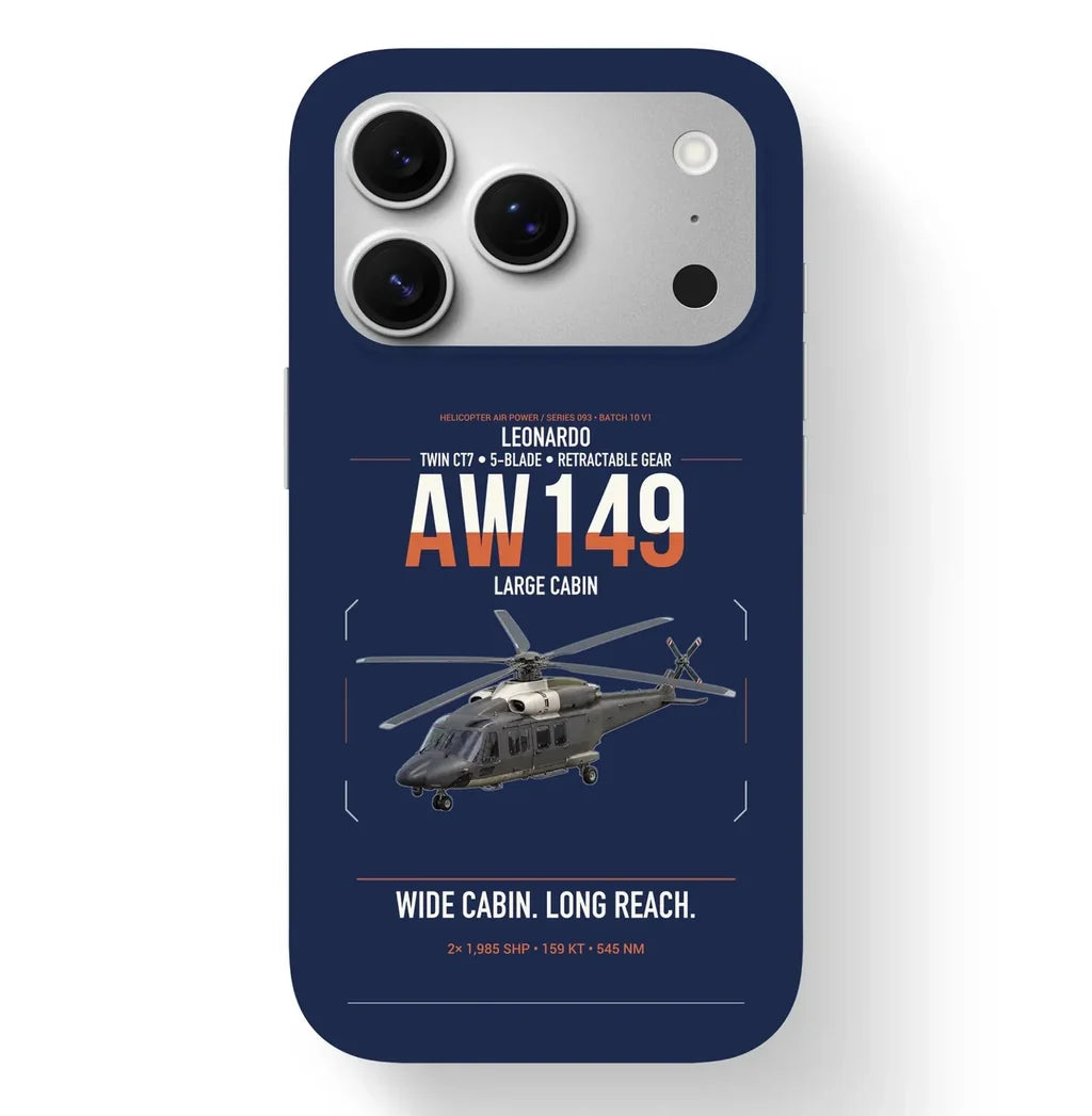 Leonardo AW149 design on navy blue magsafe iphone case, for iPhone 17 Pro