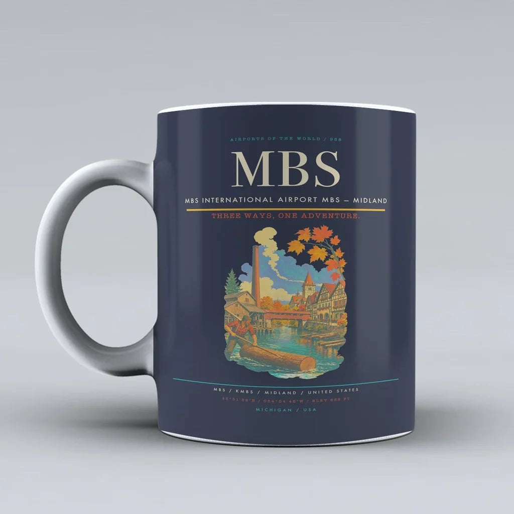 MBS International Airport (MBS) airport code design on dark blue ceramic mug