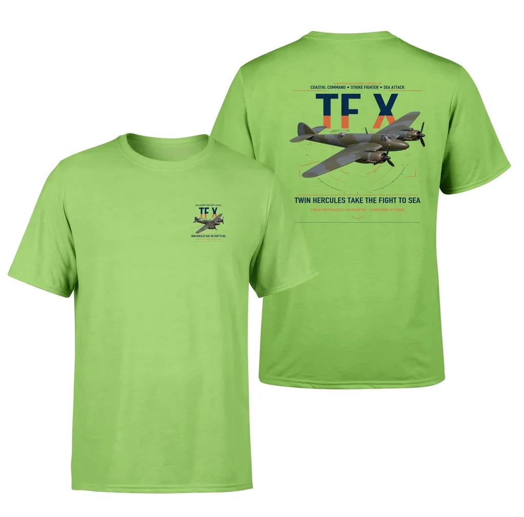 Bristol Beaufighter TF X design on light green t-shirt, double-side print