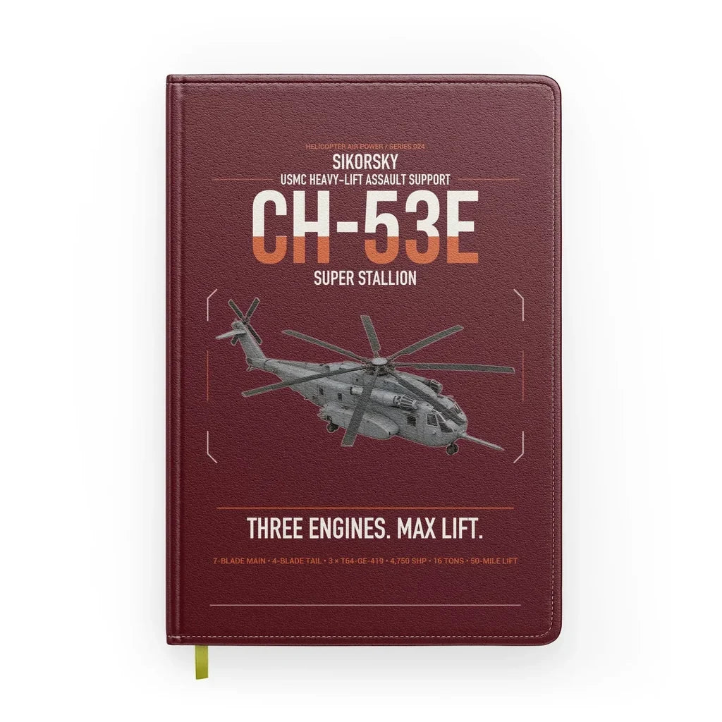 Sikorsky CH-53E Super Stallion design on dark red notebook