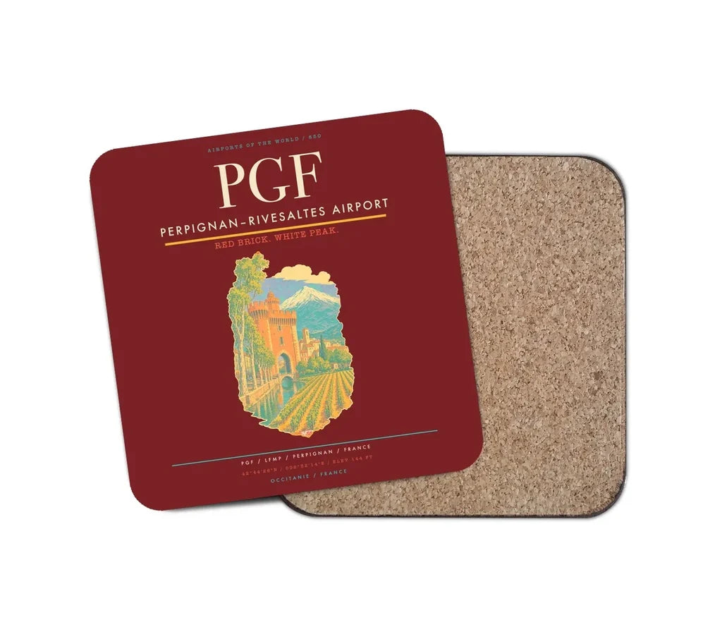 Perpignan–Rivesaltes Airport (PGF) design on dark red 1 piece coaster