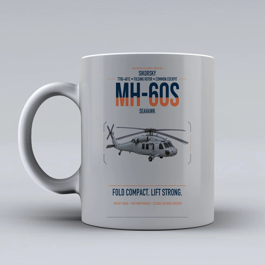 Sikorsky MH-60S Seahawk design on light gray ceramic mug, double-side print