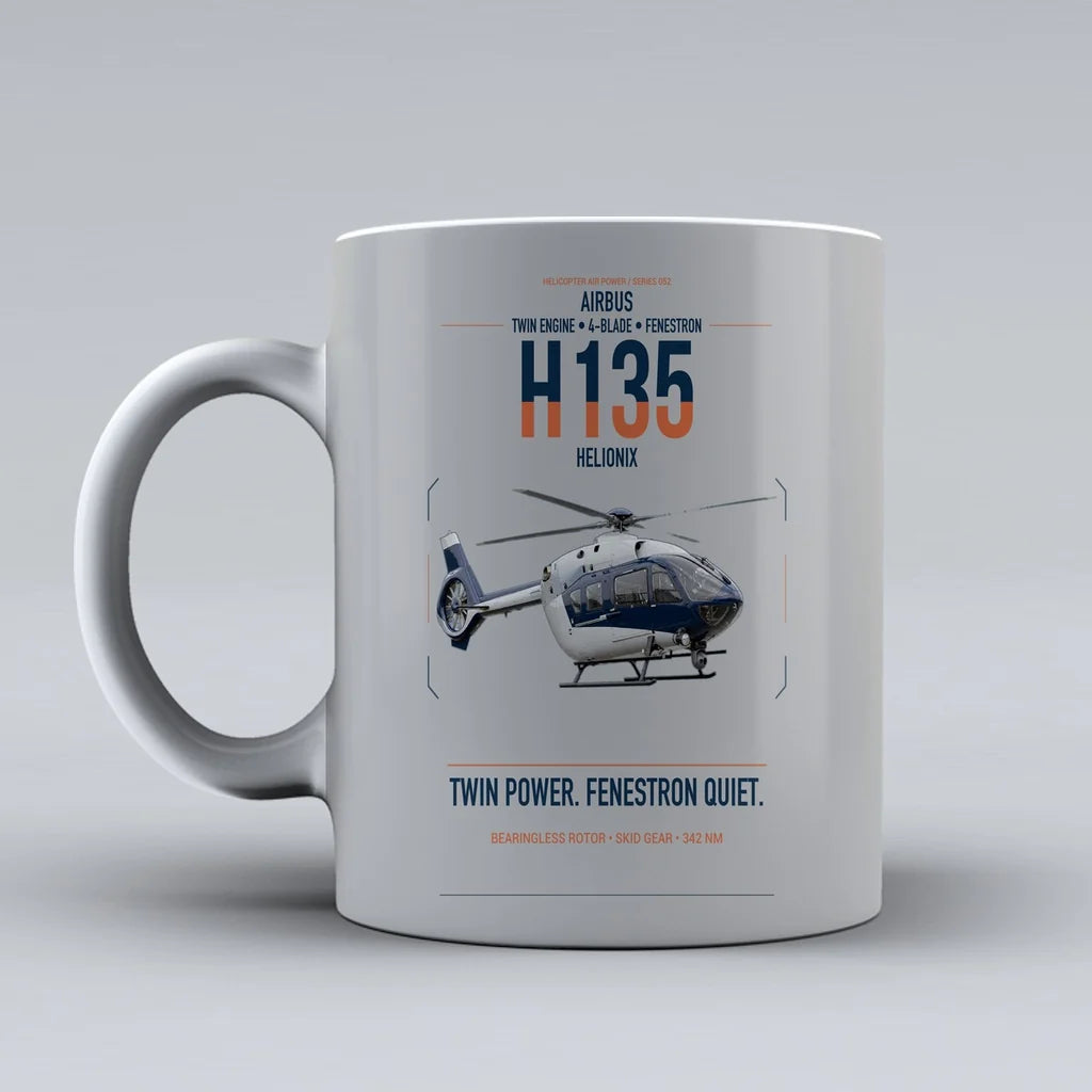 Airbus H135 design on light gray ceramic mug, double-side print