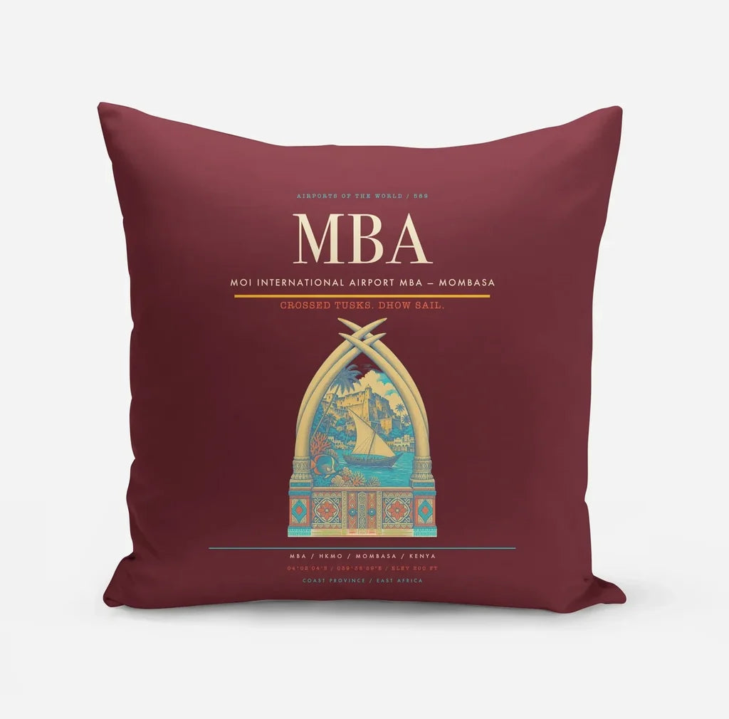 Moi International Airport (MBA) design on dark red pillow