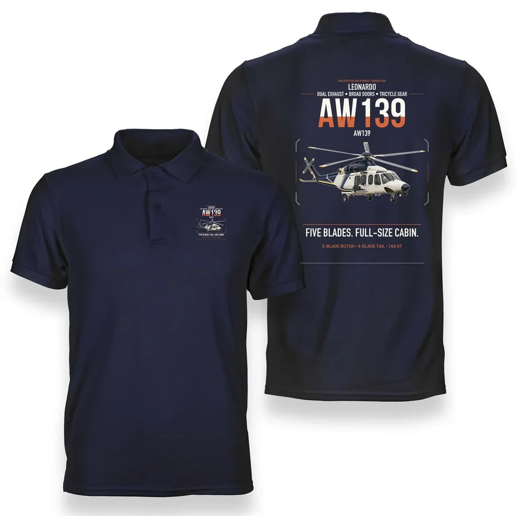 Leonardo AW139 design on navy blue double-side polo t-shirt, double-side print