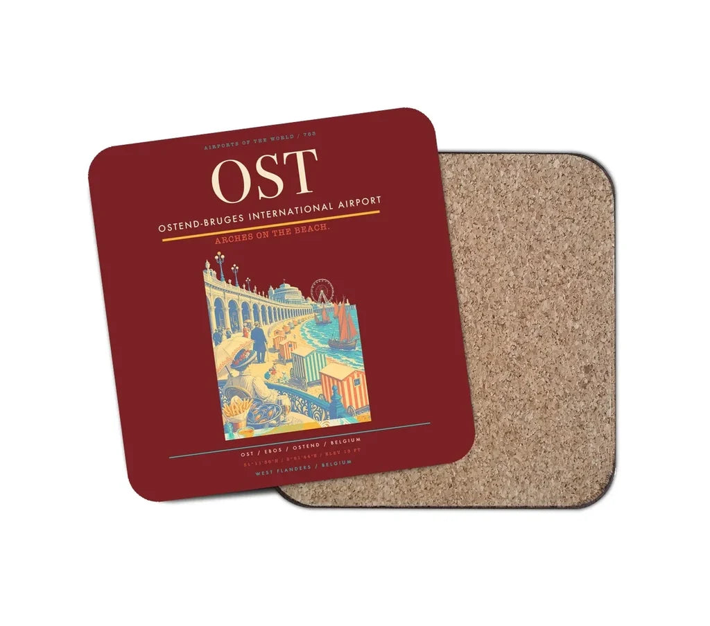 Ostend-Bruges International Airport (OST) design on dark red 1 piece coaster