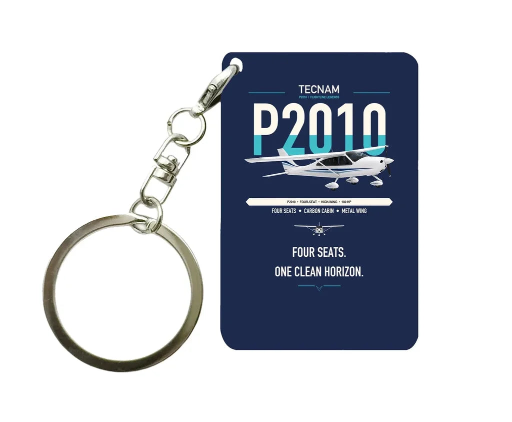 Tecnam P2010 design on navy blue designed key chain, double-side print