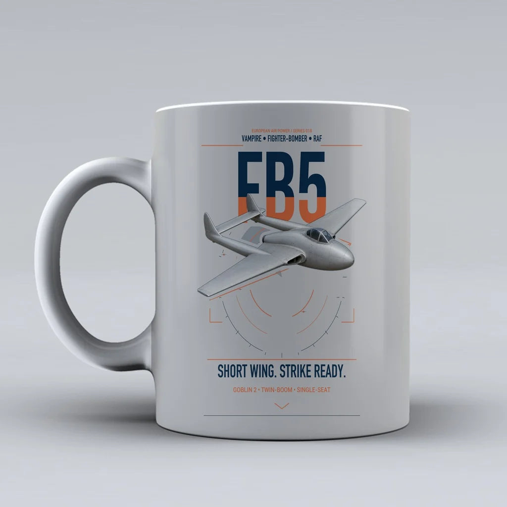 de Havilland Vampire FB5 design on light gray ceramic mug, double-side print