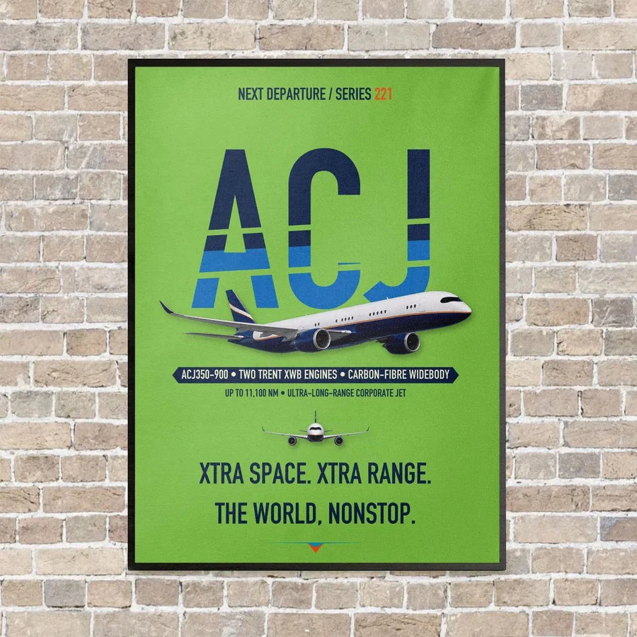 Airbus ACJ350 / exact ACJ350-900 vertical canvas print - framed - light green background