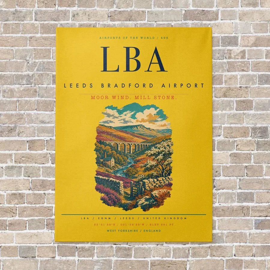 Leeds Bradford Airport LBA vertical canvas print - no frame - yellow background