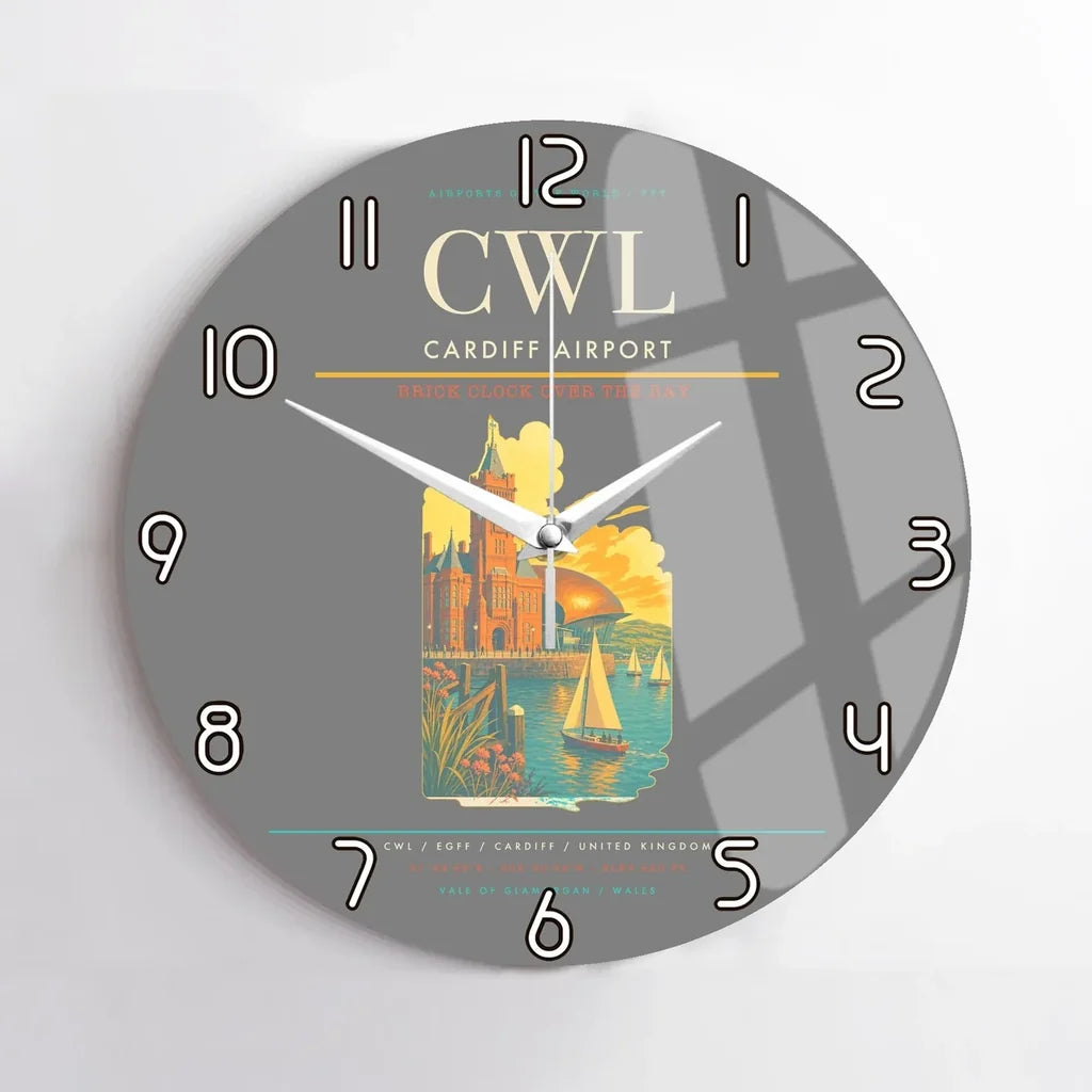 Cardiff Airport (CWL) design on gray no frame wall clock