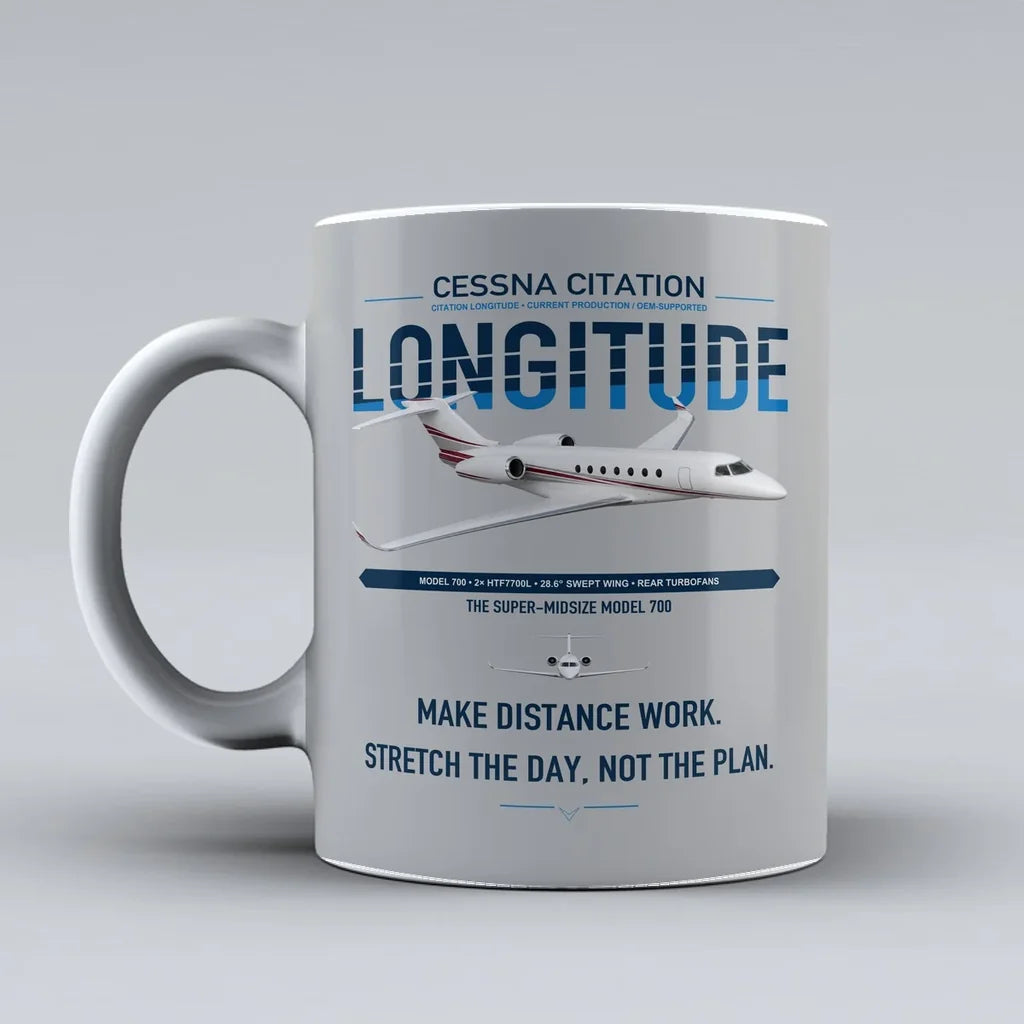 Cessna Citation Longitude design on light gray ceramic mug, double-side print