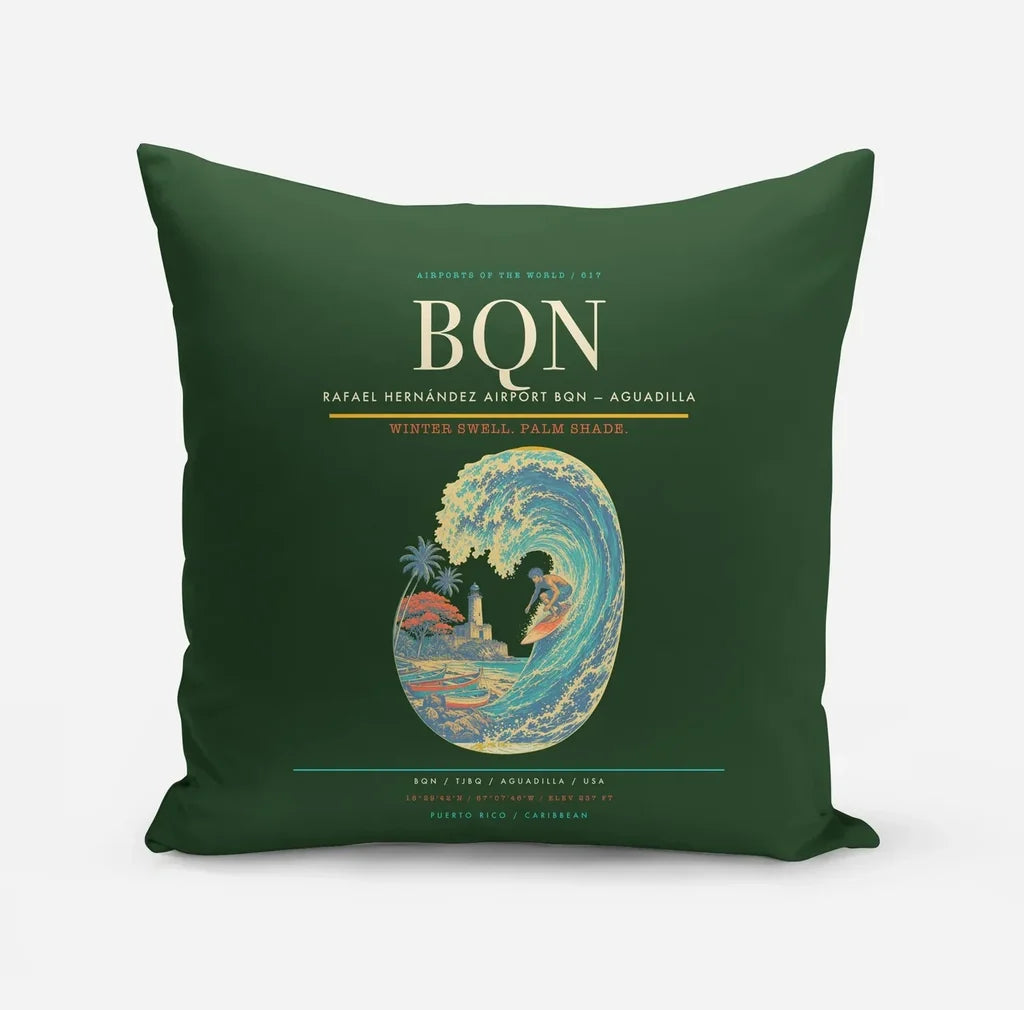 Rafael Hernández Airport (BQN) design on dark green pillow