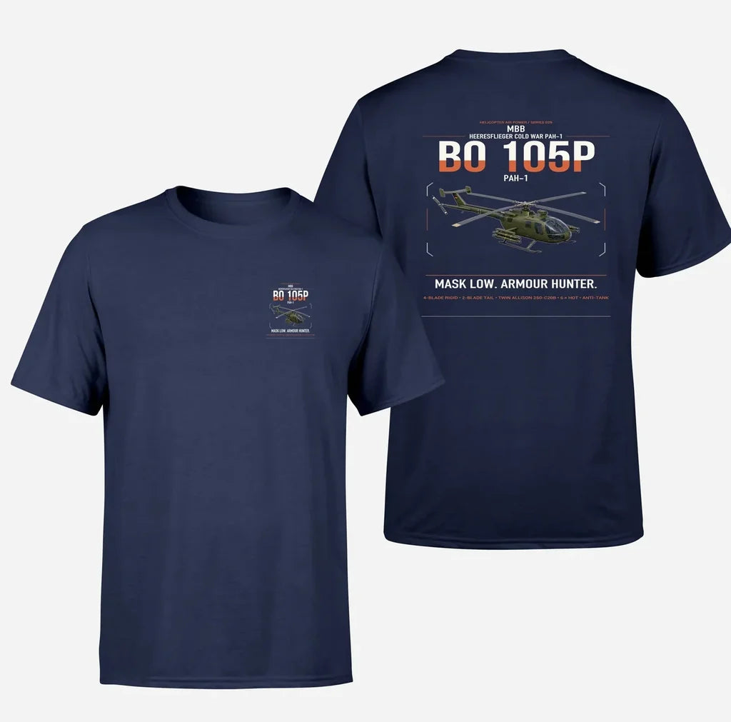MBB BO 105P PAH-1 design on navy blue t-shirt, double-side print