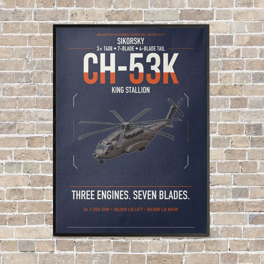 Sikorsky CH-53K King Stallion vertical canvas print - framed - navy blue background