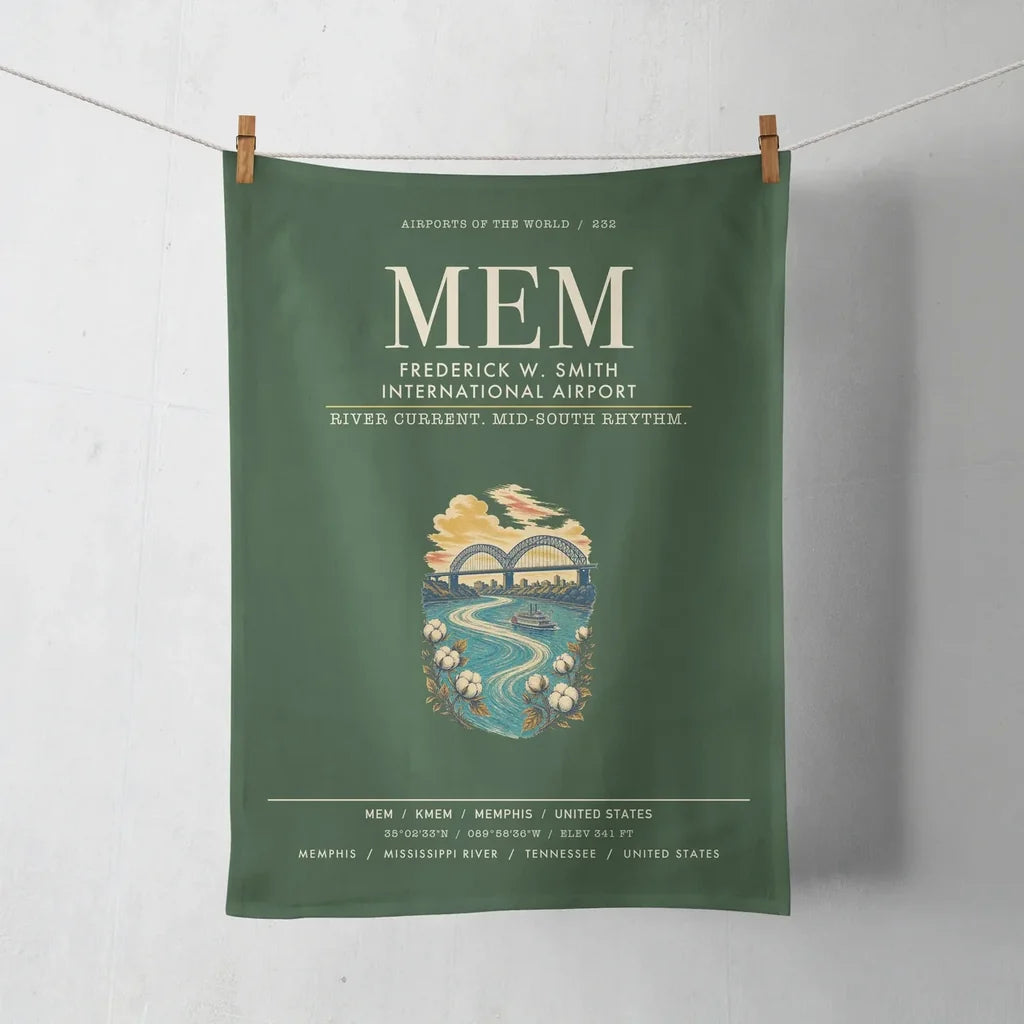 Frederick W. Smith International Airport Memphis (MEM) design on dark green towel
