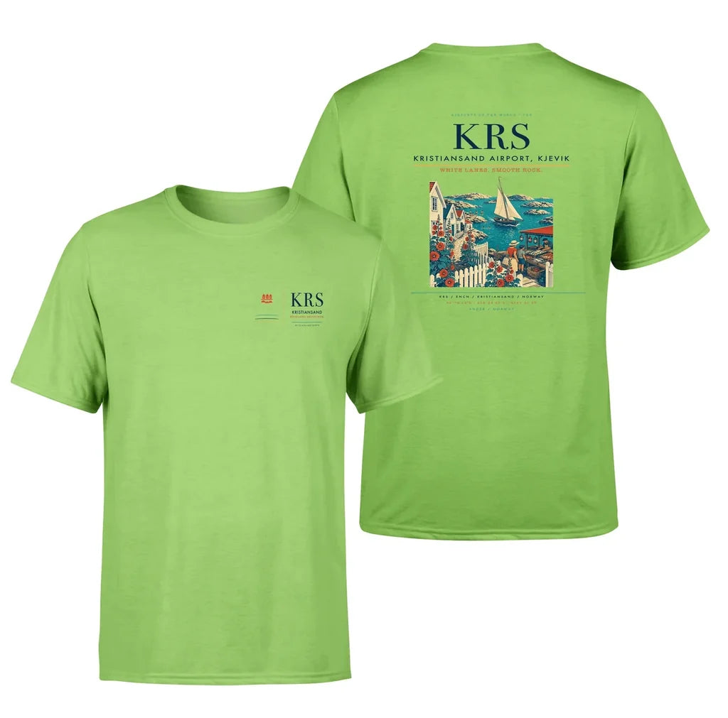 Kristiansand Airport, Kjevik (KRS) design printed on light green double-side t-shirt