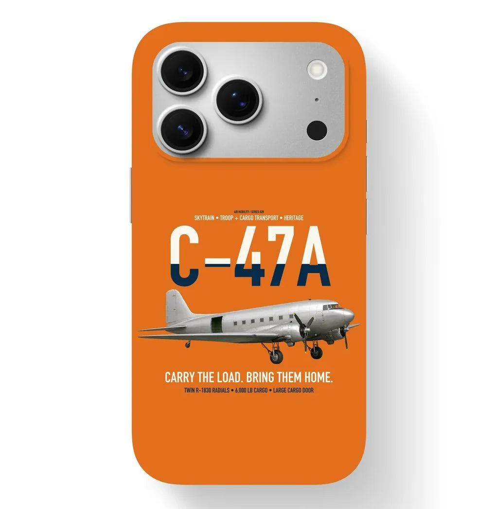 C-47A Skytrain design on orange magsafe iphone case, for iPhone 17 Pro