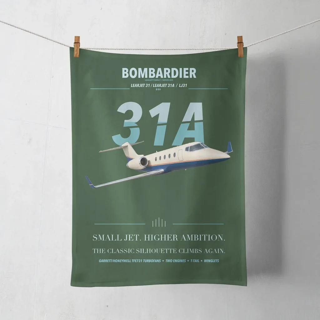 Bombardier Learjet 31A design on dark green towel