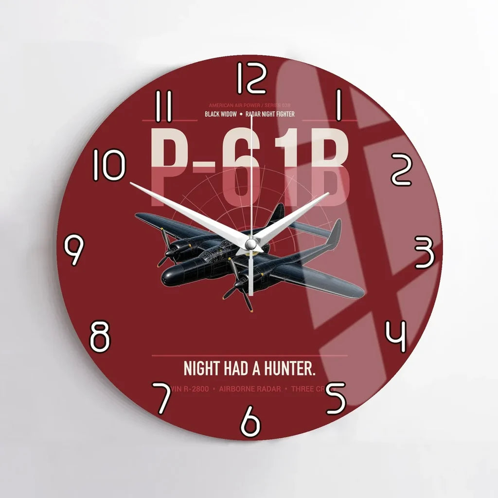 P-61B Black Widow design on dark red no frame wall clock