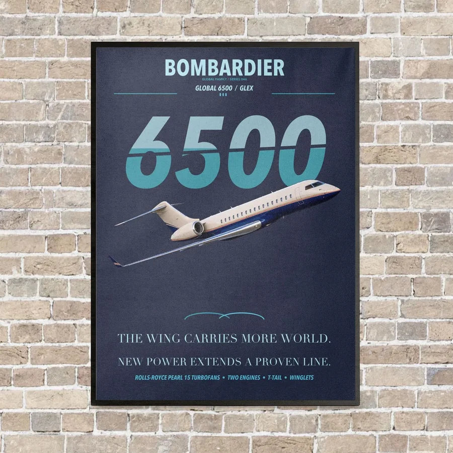 Bombardier Global 6500 vertical canvas print - framed - navy blue background