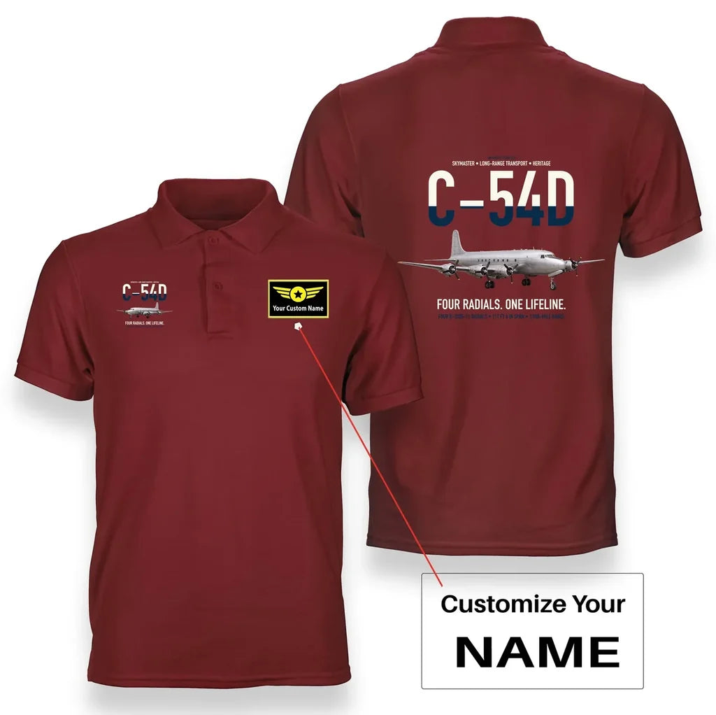 C-54D Skymaster design on red+name double-side polo t-shirt, double-side print