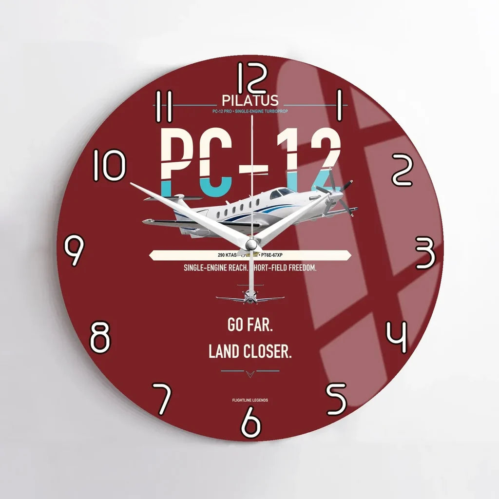 Pilatus PC-12 PRO design on dark red no frame wall clock