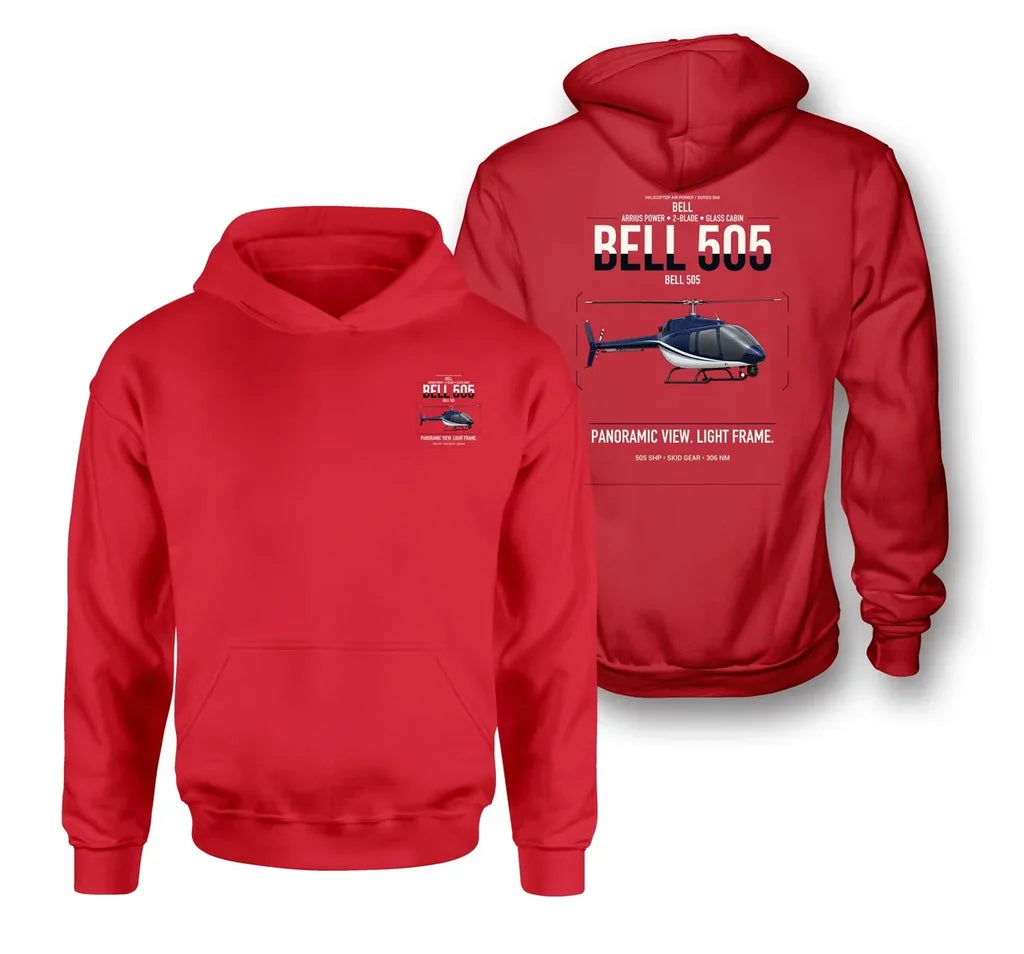 Bell 505 design on red double-side hoodie, double-side print
