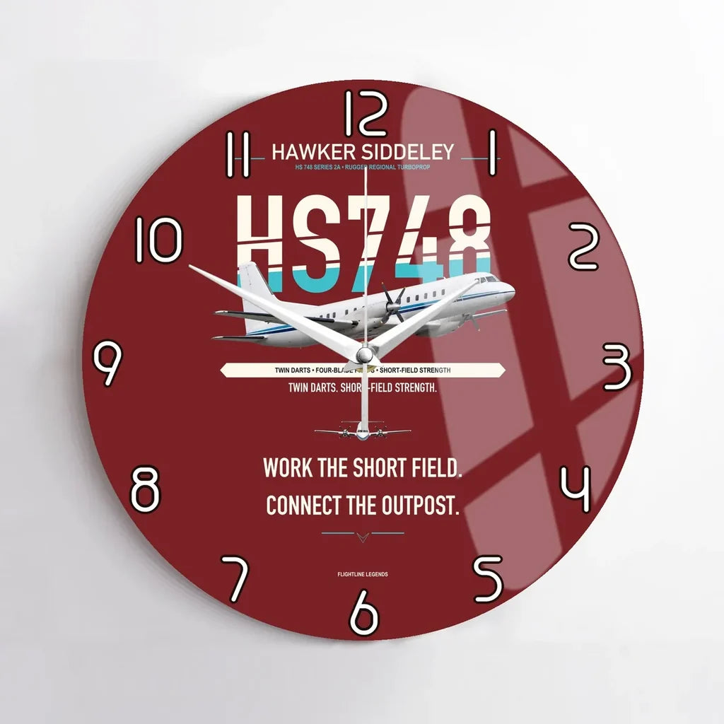 Hawker Siddeley HS 748 Series 2A design on dark red no frame wall clock
