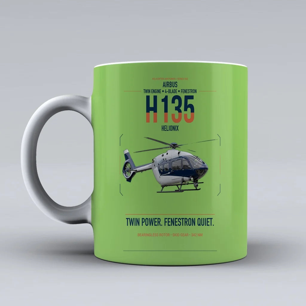 Airbus H135 design on light green ceramic mug, double-side print