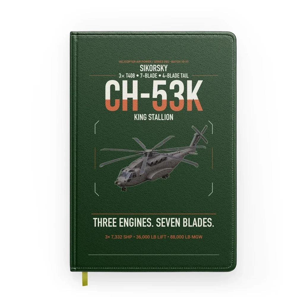 Sikorsky CH-53K King Stallion design on dark green notebook