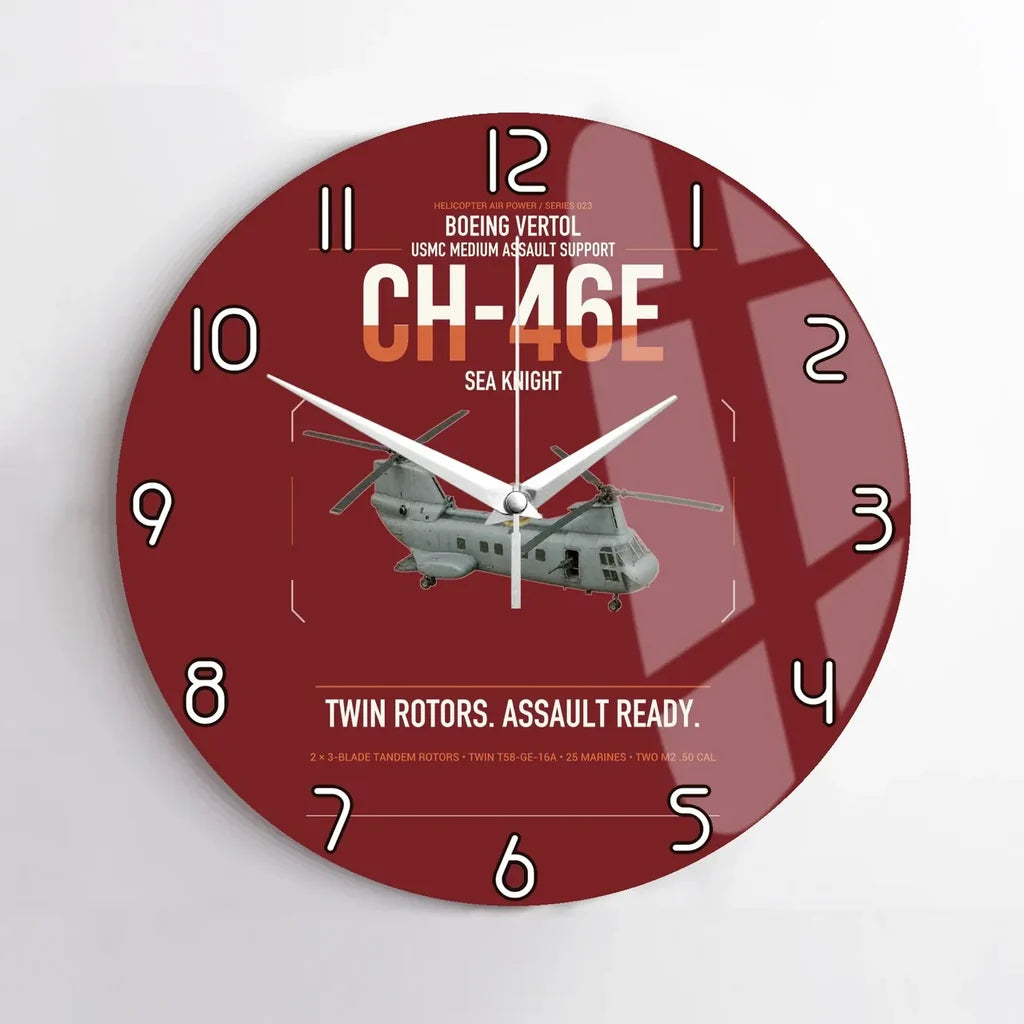 Boeing Vertol CH-46E Sea Knight design on dark red no frame wall clock