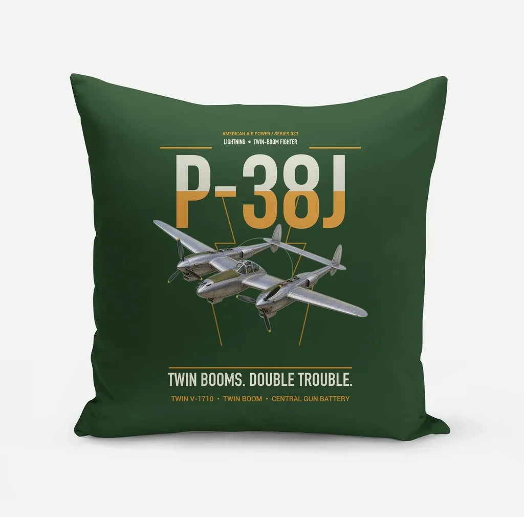 P-38J Lightning design on dark green pillow