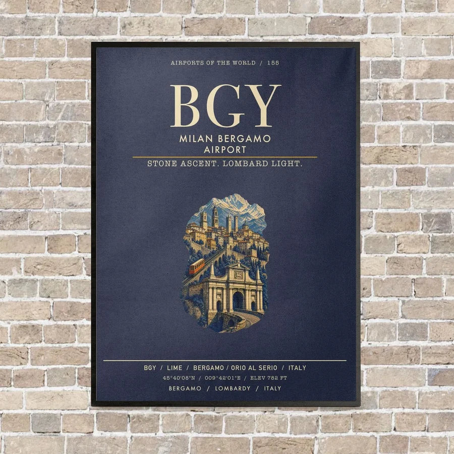 Milan Bergamo Airport BGY vertical canvas print - framed - navy blue background