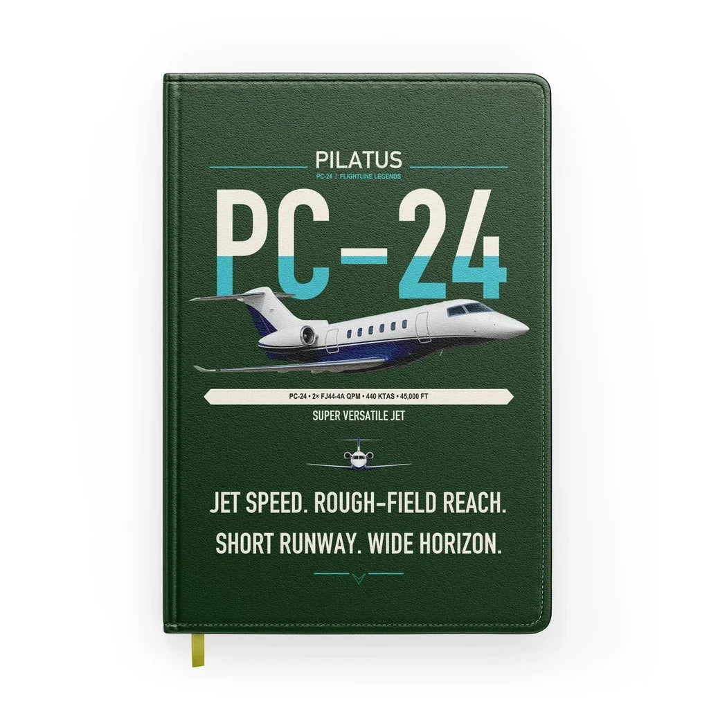 Pilatus PC-24 design on dark green notebook