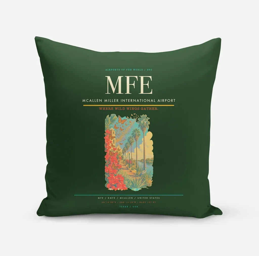 McAllen Miller International Airport (MFE) design on dark green pillow