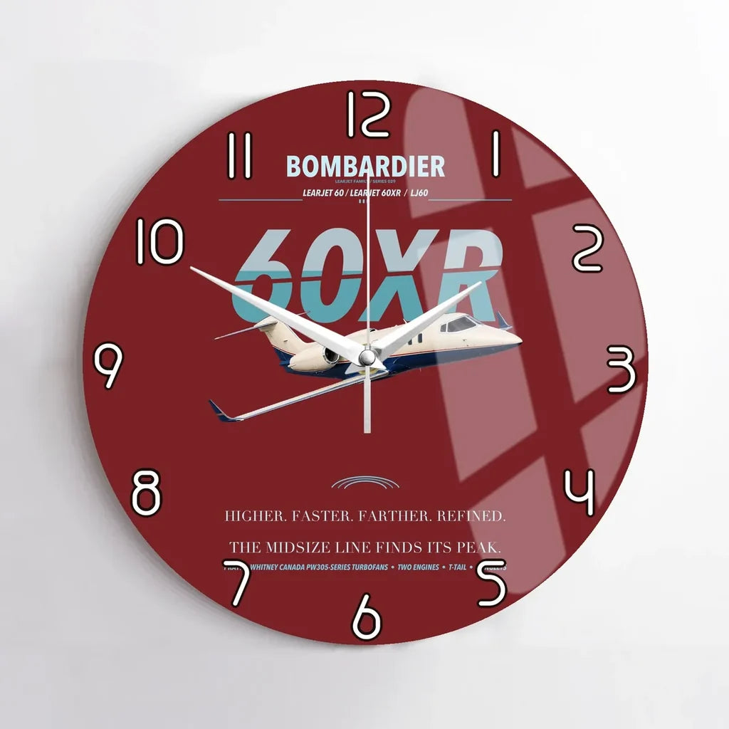 Bombardier Learjet 60XR design on dark red no frame wall clock