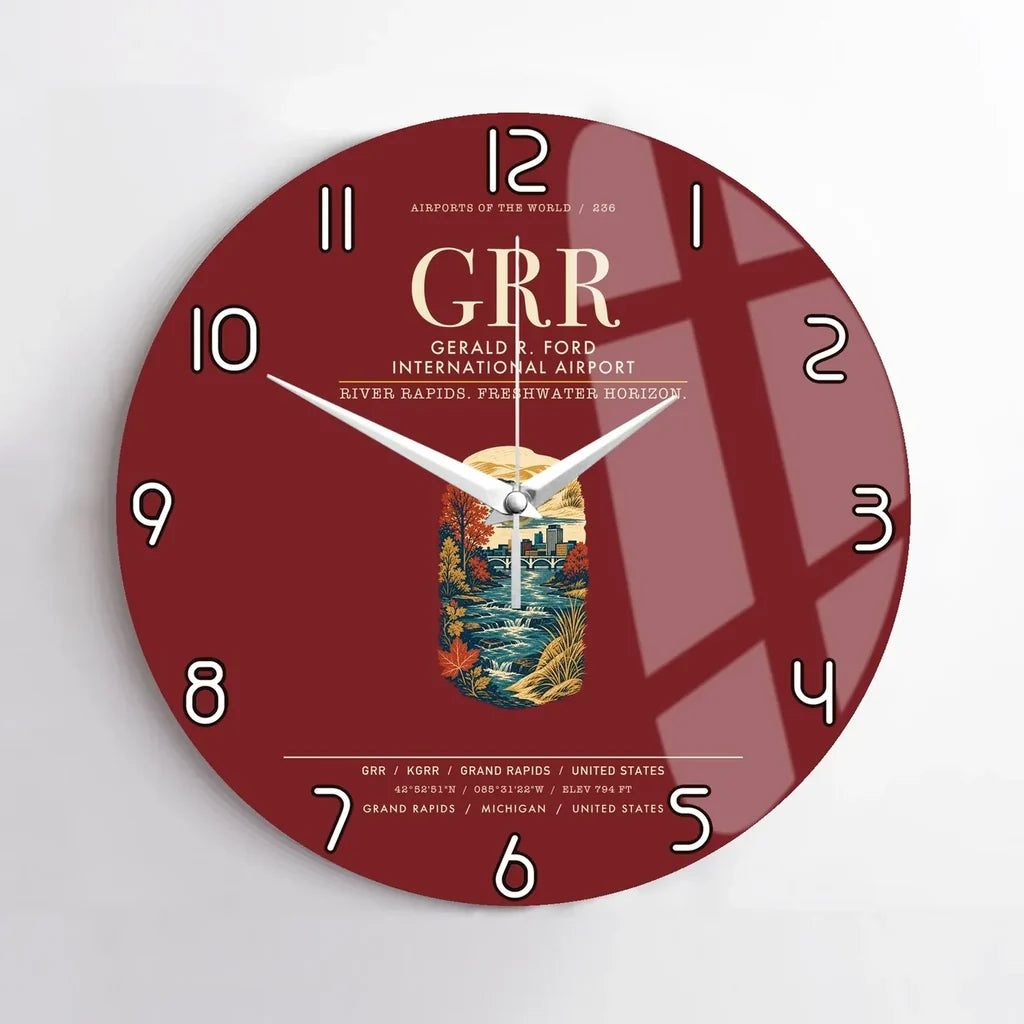 Gerald R. Ford International Airport Grand Rapids (GRR) design on dark red no frame wall clock