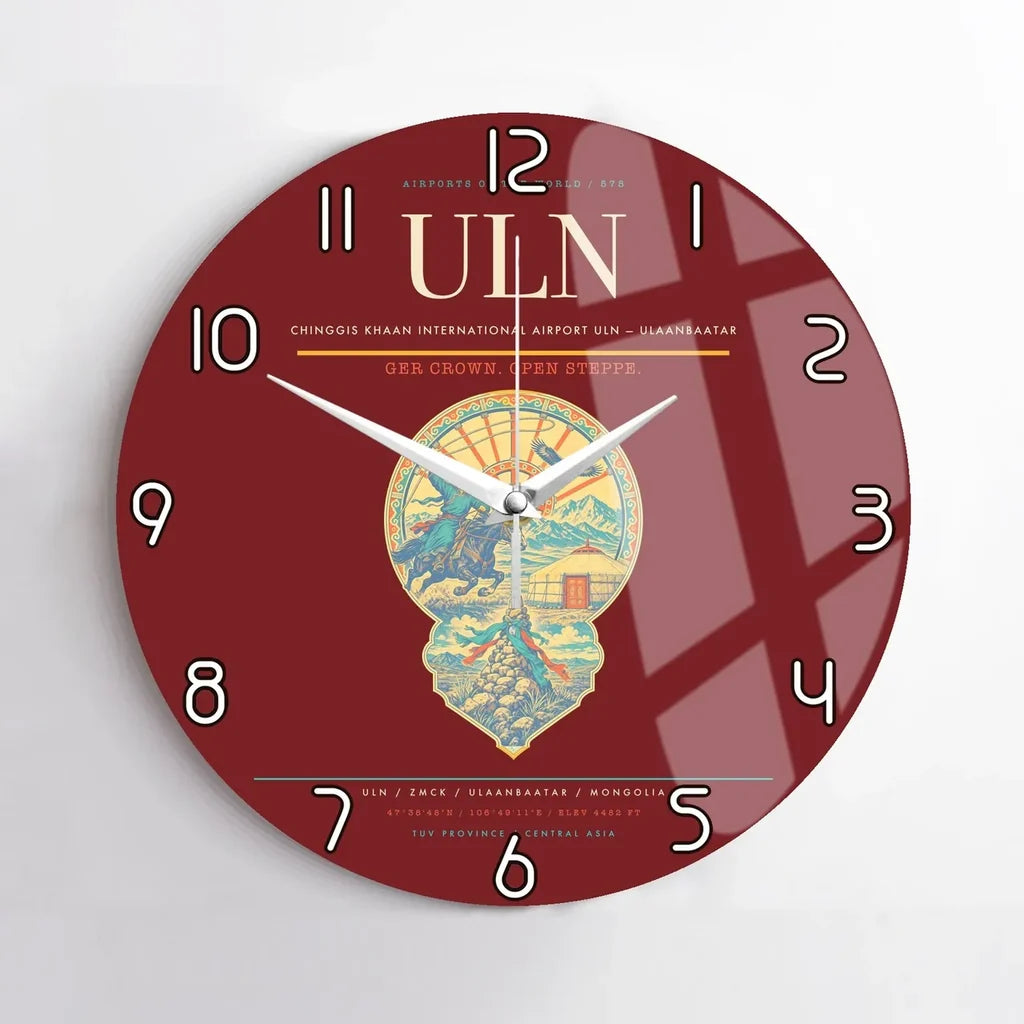 Chinggis Khaan International Airport (ULN) design on dark red no frame wall clock