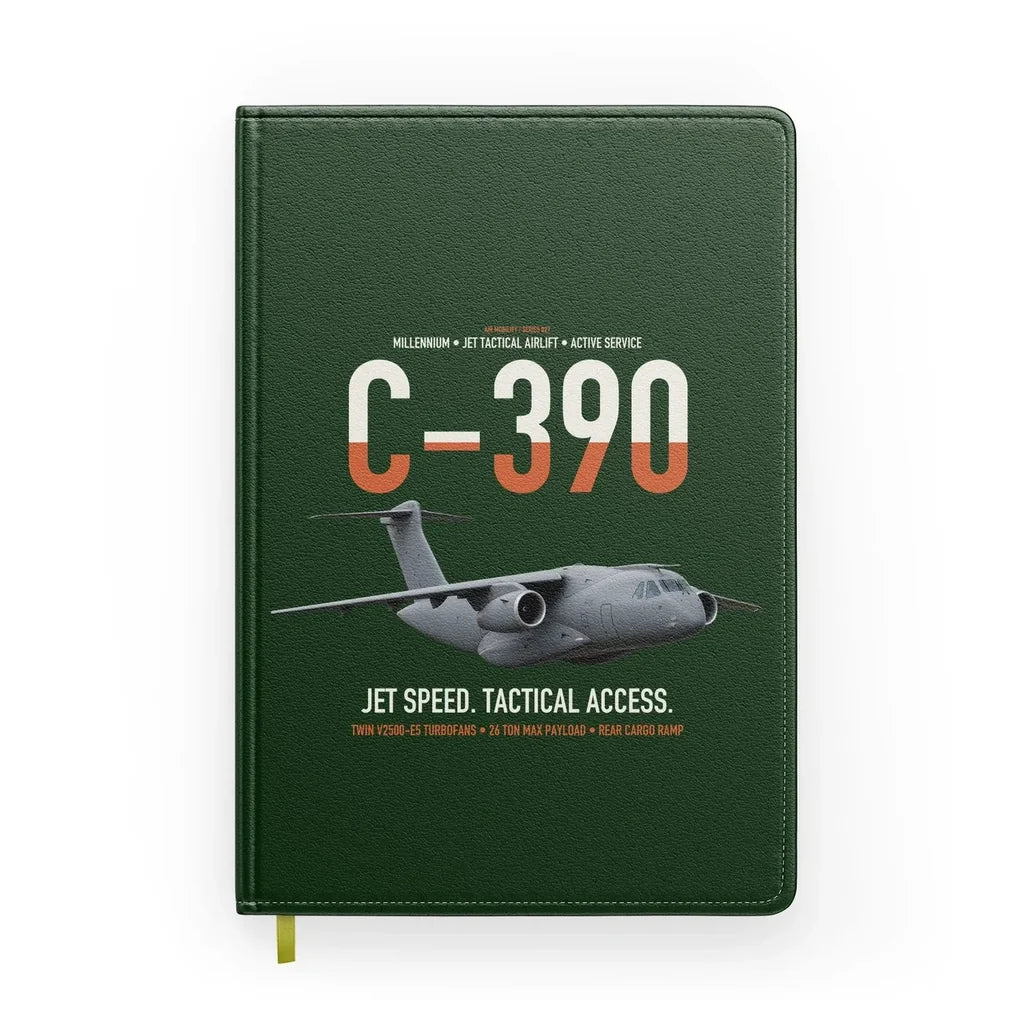 C-390 Millennium design on dark green notebook