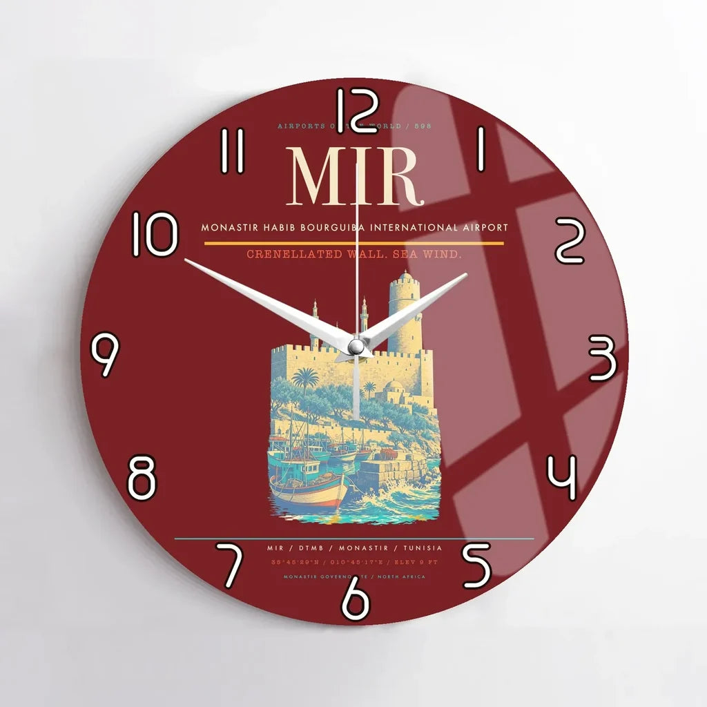 Monastir Habib Bourguiba International Airport (MIR) design on dark red no frame wall clock