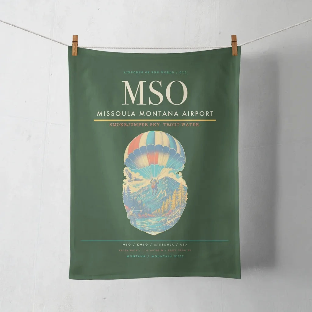 Missoula Montana Airport (MSO) design on dark green towel
