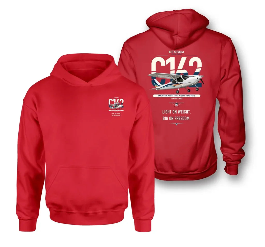 Cessna 162 Skycatcher design on red double-side hoodie, double-side print