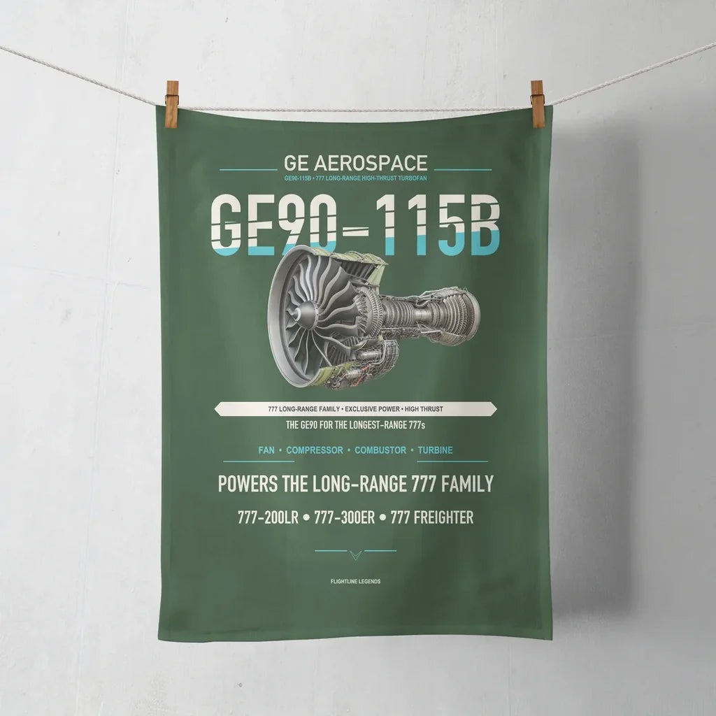 GE90-115B design on dark green towel